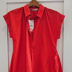 Zara red short sleeve shirt with tie side.